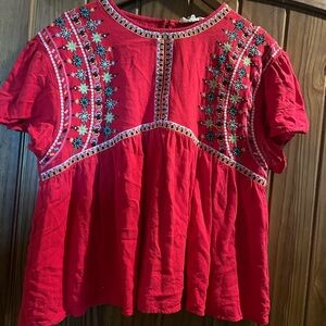 Entro Red Boxy Puff Sleeve Blouse with Bib Collar